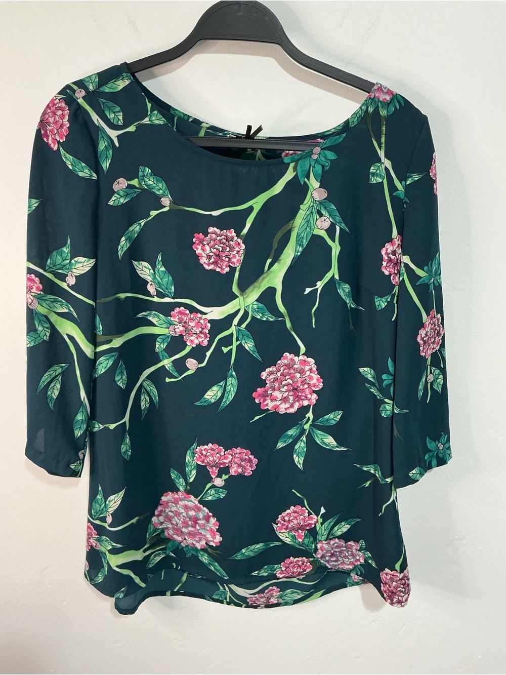 Anthropologie HD in Paris Teal Floral Scoop-Neck Blouse with Pink Blooms